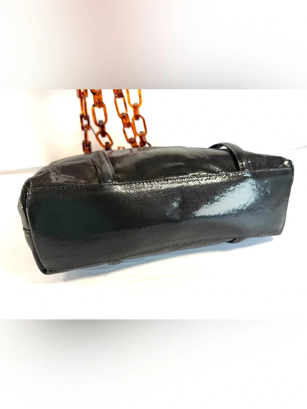 Aleda Patent Black Tote with Tortoise Lucite Chain Straps